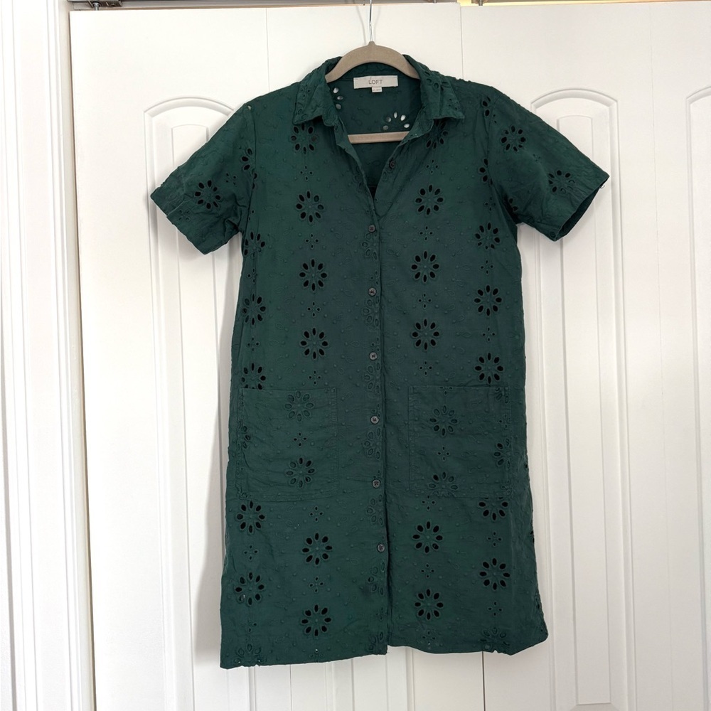 Loft Green Eyelet pocket Shirt Dress size 0 - Picture 4 of 8